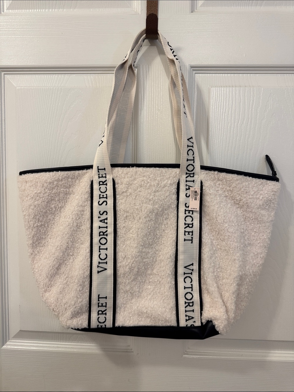 Victoria's Secret Cream Sherpa Tote with Branded Webbing